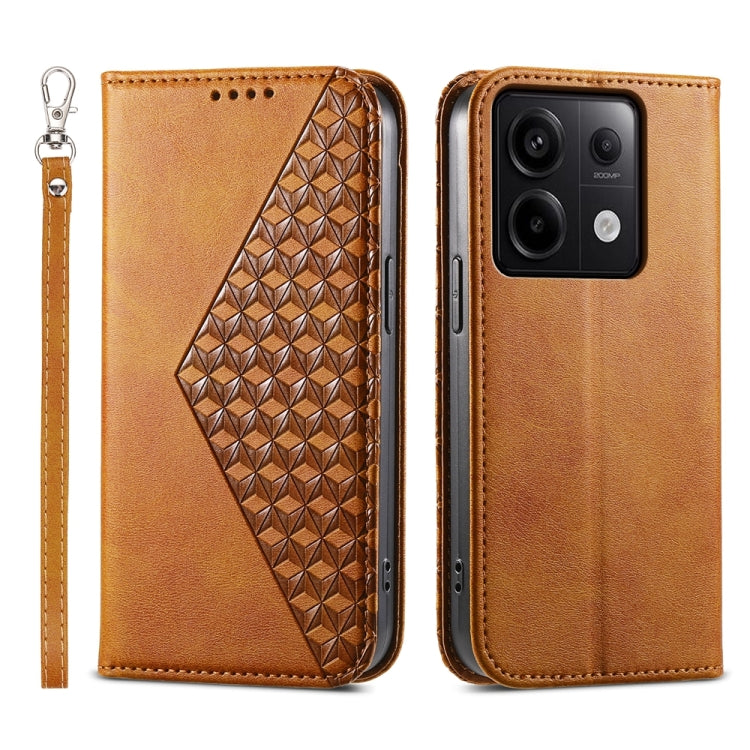 For Xiaomi Redmi Note 13 Pro 5G case featuring a cubic grid calf texture, magnetic closure, and wallet functionality.