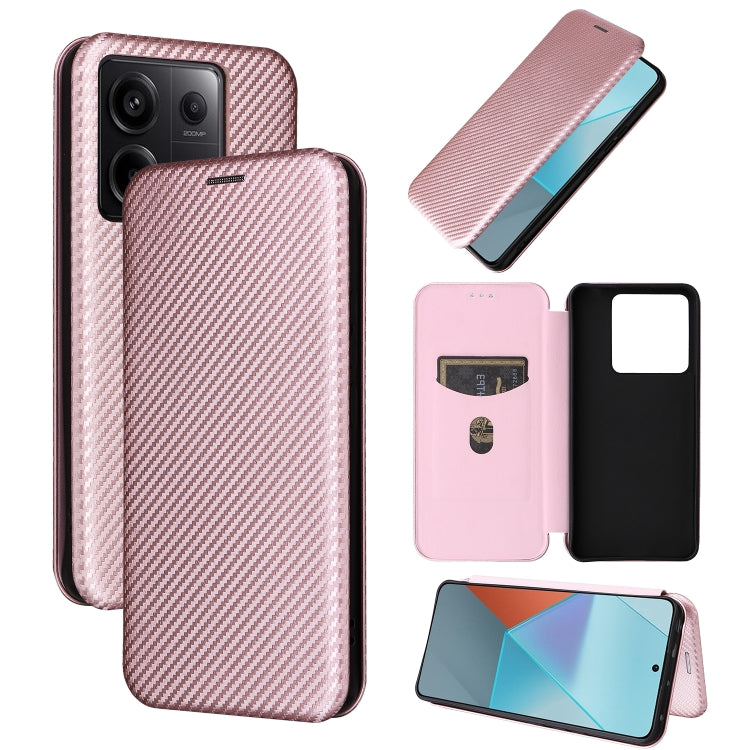 Carbon fiber texture flip leather phone case for Xiaomi Redmi Note 13 Pro, showcasing its sleek design and functional features.