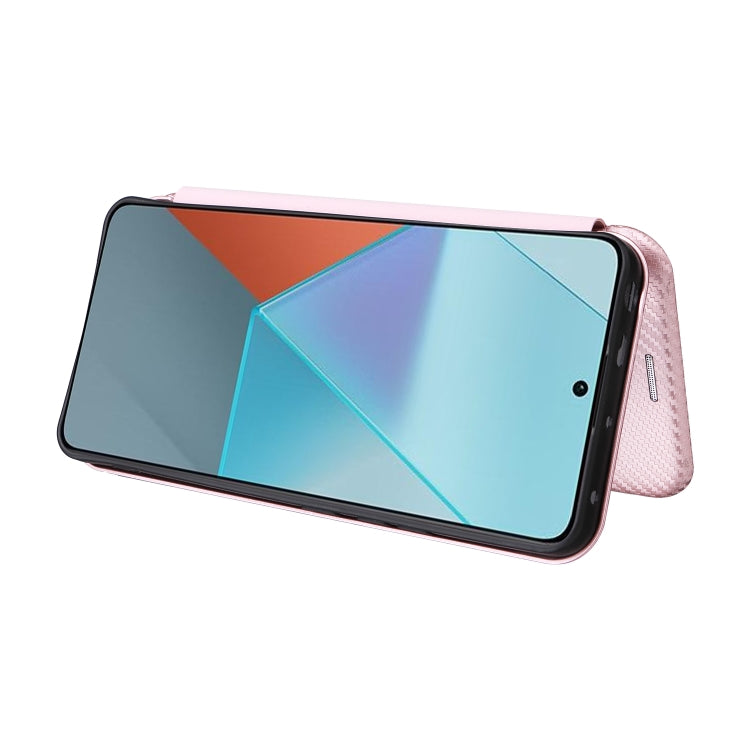 Carbon fiber texture flip leather phone case for Xiaomi Redmi Note 13 Pro, showcasing its sleek design and functional features.