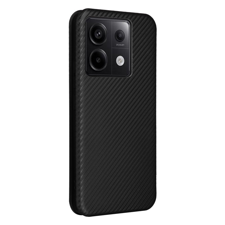 Carbon fiber texture flip leather phone case for Xiaomi Redmi Note 13 Pro, showcasing its durable design and card slot feature.