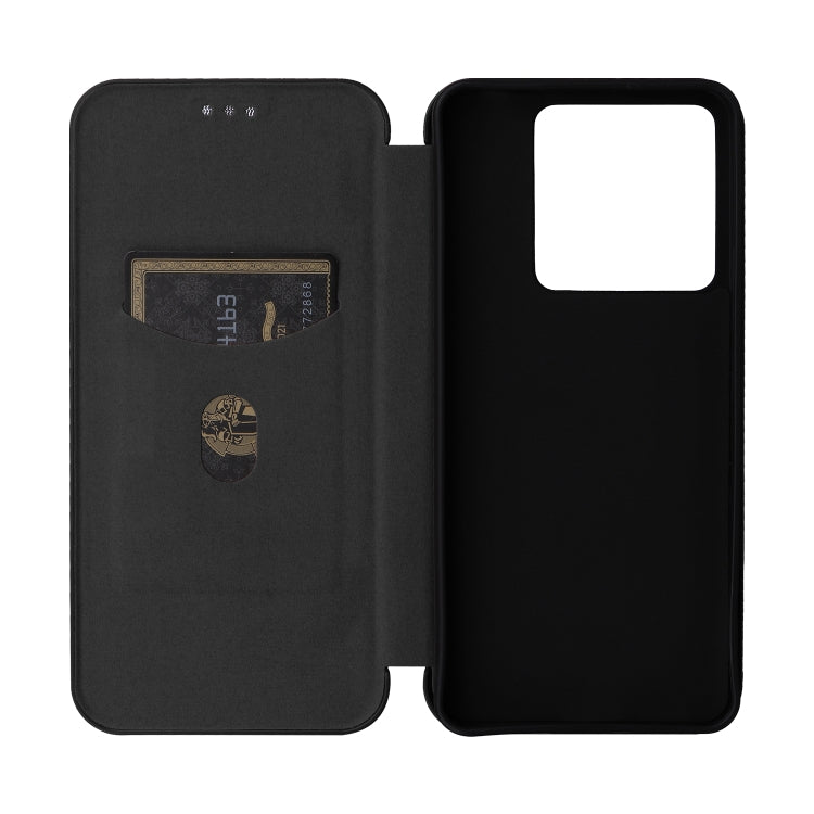 Carbon fiber texture flip leather phone case for Xiaomi Redmi Note 13 Pro, showcasing its durable design and card slot feature.