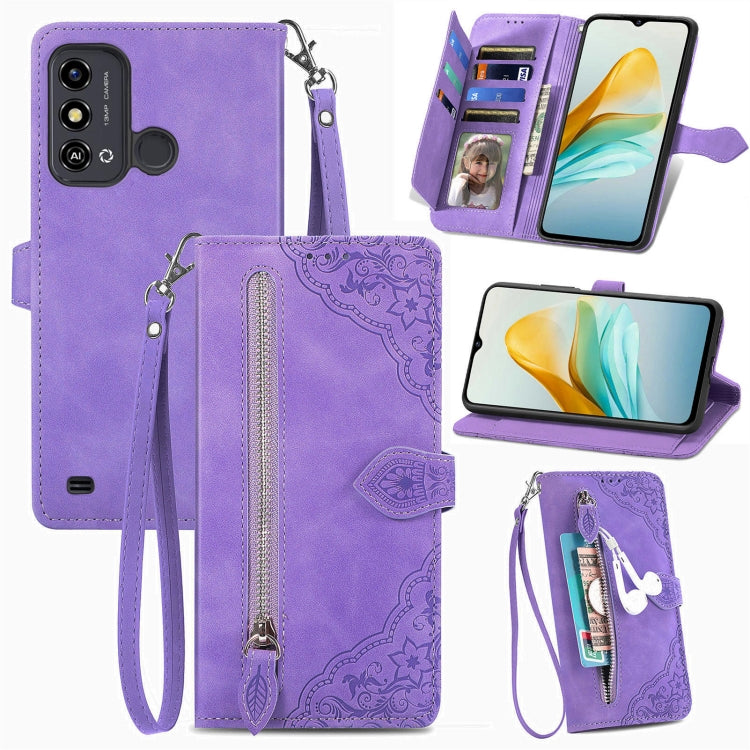 Purple embossed flower zipper leather phone case designed for ZTE Blade A53, showcasing its stylish design and practical features.