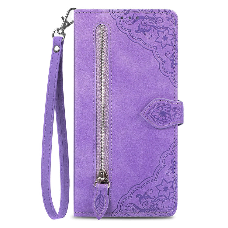 Purple embossed flower zipper leather phone case designed for ZTE Blade A53, showcasing its stylish design and practical features.