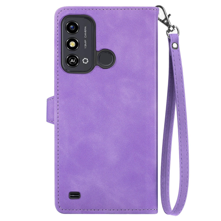 Purple embossed flower zipper leather phone case designed for ZTE Blade A53, showcasing its stylish design and practical features.