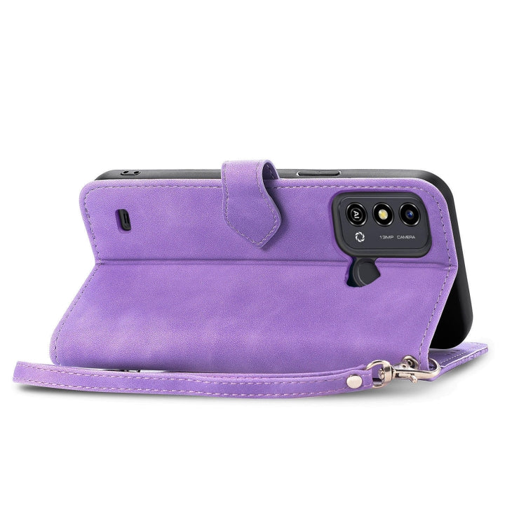 Purple embossed flower zipper leather phone case designed for ZTE Blade A53, showcasing its stylish design and practical features.