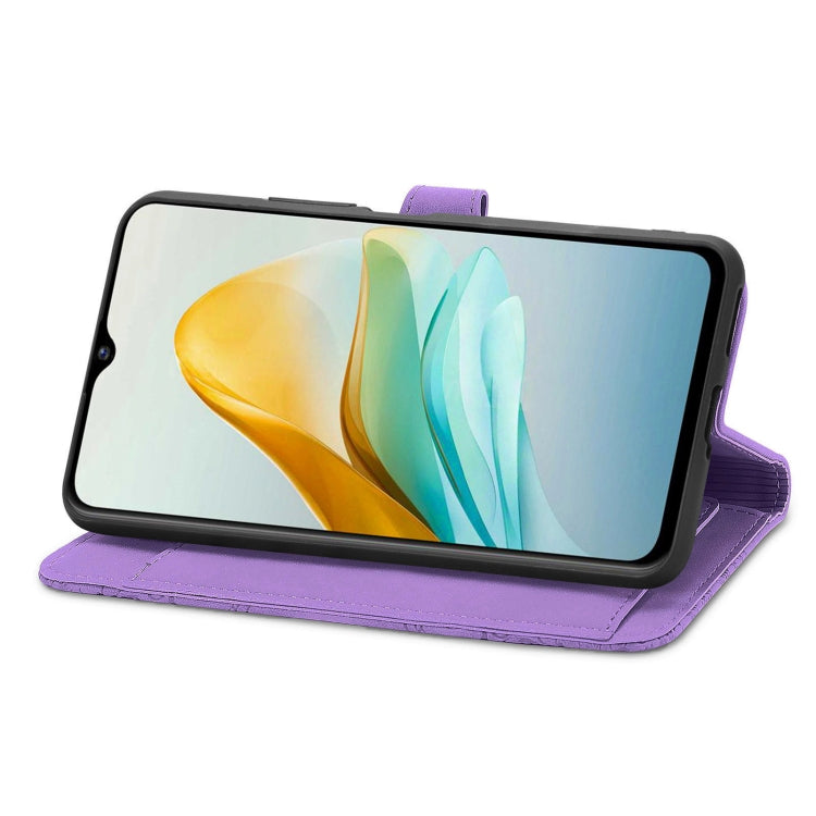 Purple embossed flower zipper leather phone case designed for ZTE Blade A53, showcasing its stylish design and practical features.