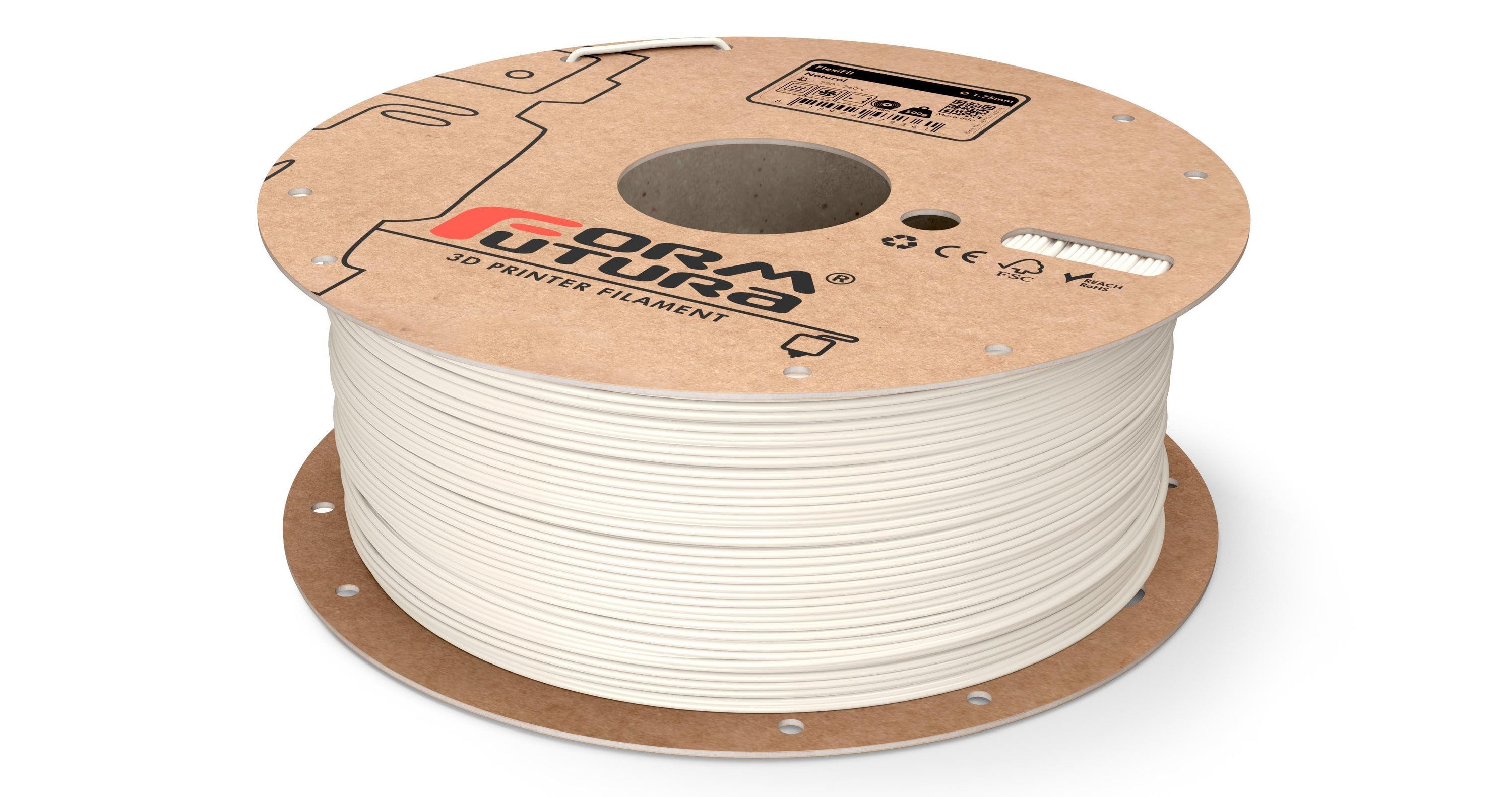 FormFortura FlexiFil TPC 3D Printer Filament in a spool, showcasing its rubber-like texture and vibrant color.