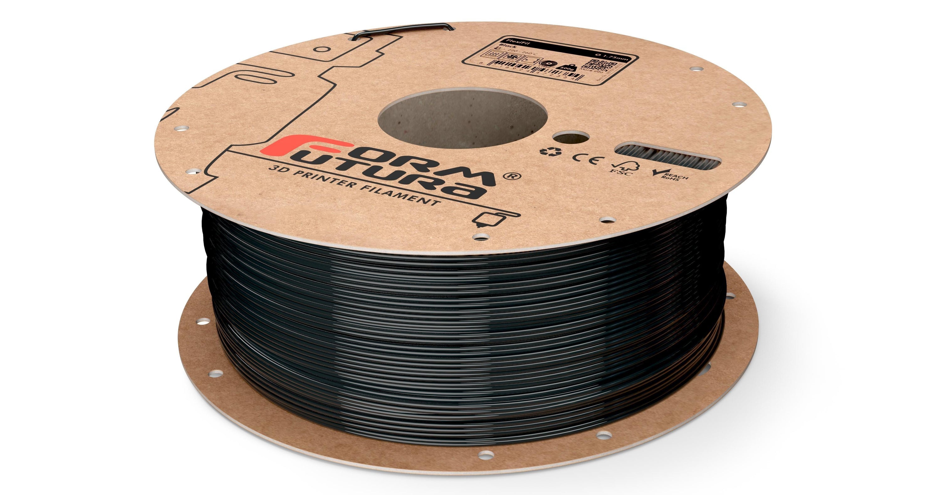FormFortura FlexiFil TPC 3D Printer Filament in a spool, showcasing its rubber-like texture and vibrant color.