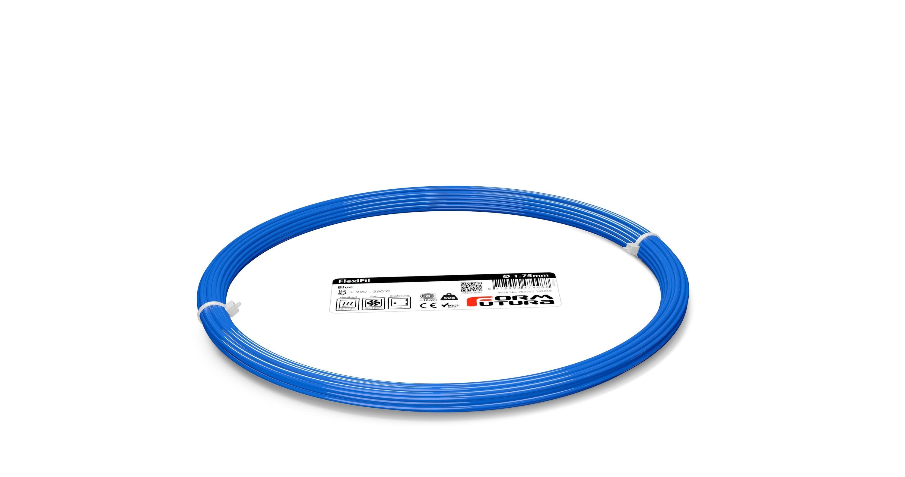 FormFortura FlexiFil TPC 3D Printer Filament in a spool, showcasing its rubber-like texture and vibrant color.