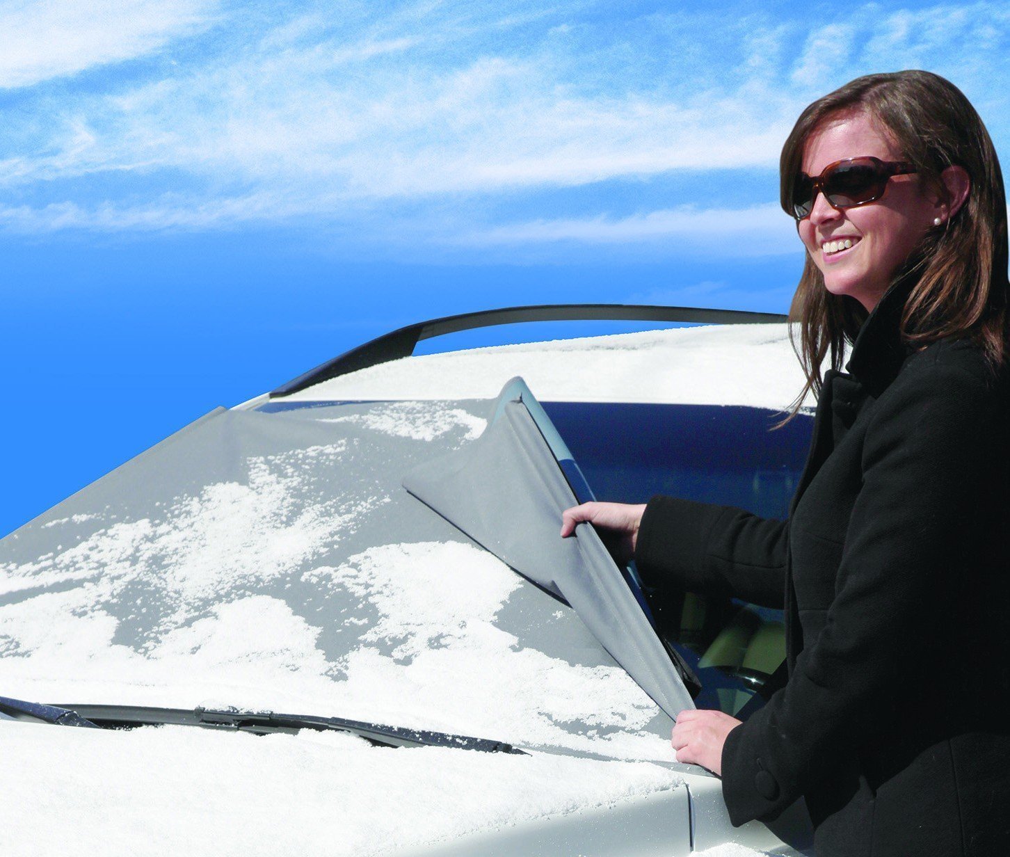 Frost Blocker exterior shade protecting a car windscreen and side mirrors from frost and snow.