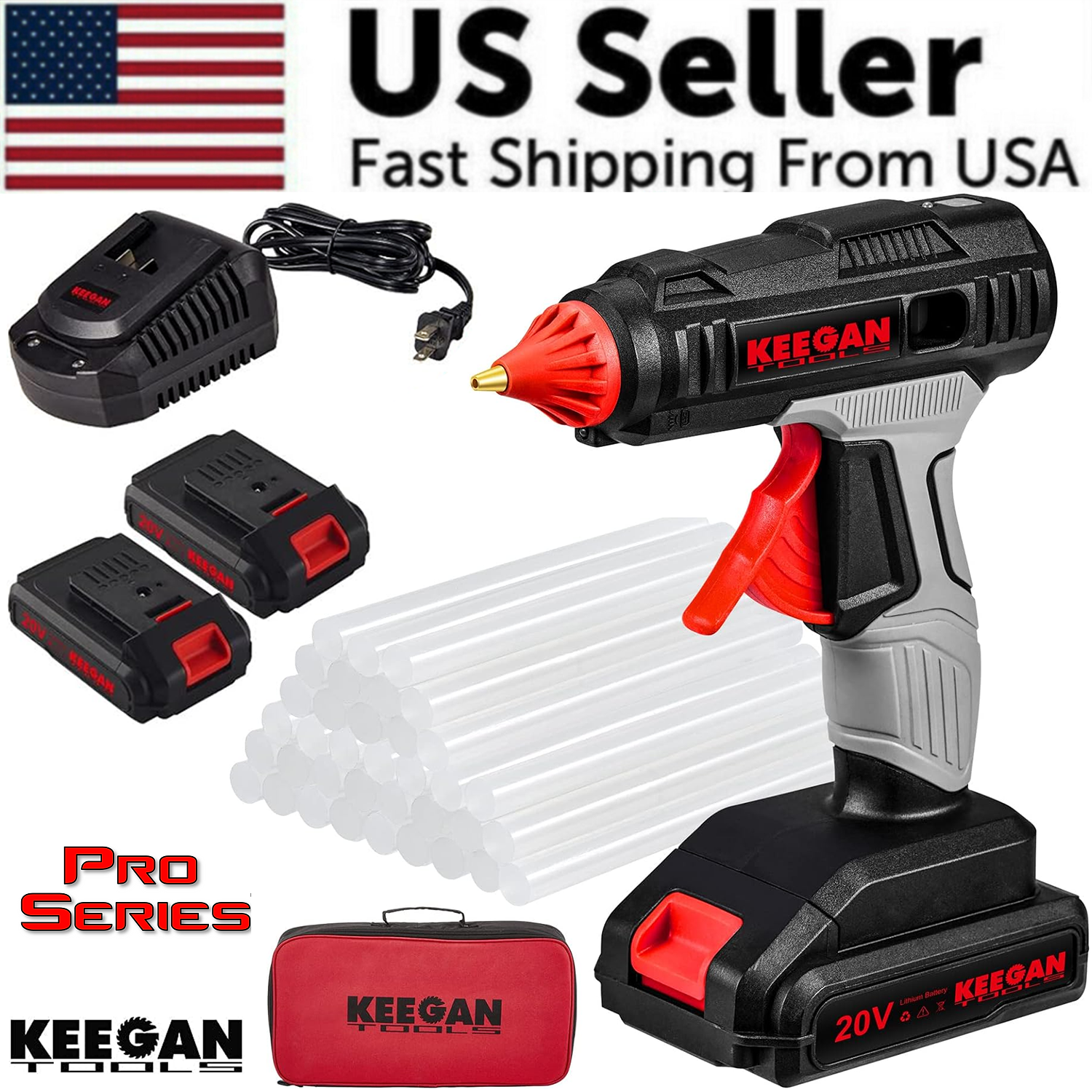 Full Size Cordless Professional 20V Hot Melt Glue Gun Kit with two rechargeable batteries and glue sticks, displayed in a zippered storage case.