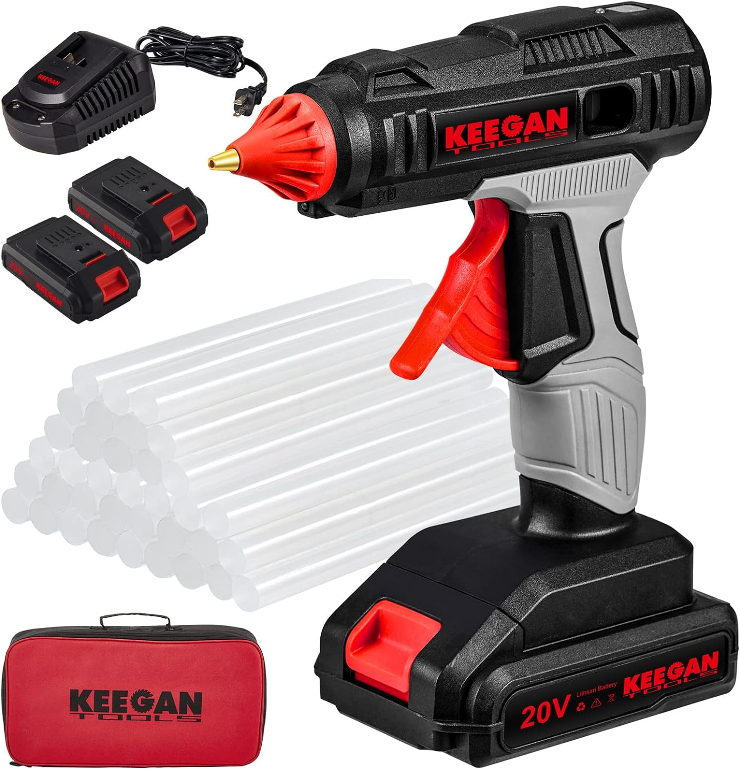 Full Size Cordless Professional 20V Hot Melt Glue Gun Kit with two rechargeable batteries and glue sticks, displayed in a zippered storage case.