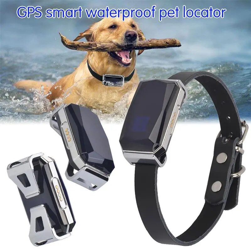 G12 GPS Smart Waterproof Pet Locator attached to a pet collar, showcasing its sleek design and advanced technology.