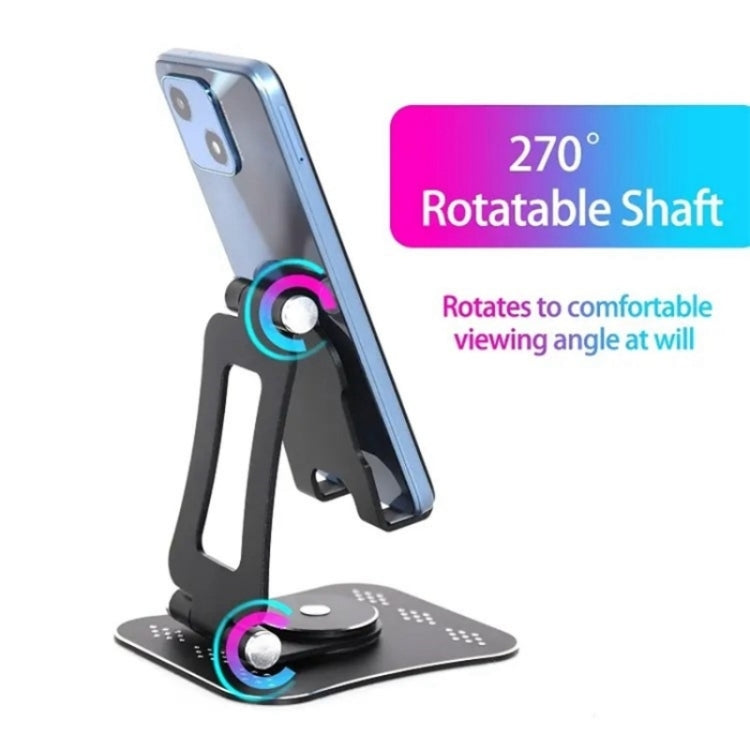 G61 Portable Folding 360-Degree Rotating Desktop Phone Holder in black, showcasing its adjustable height and 360-degree rotation features.