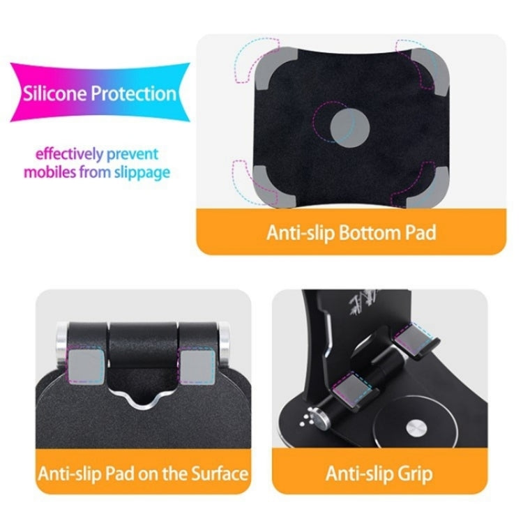 G61 Portable Folding 360-Degree Rotating Desktop Phone Holder in black, showcasing its adjustable height and 360-degree rotation features.