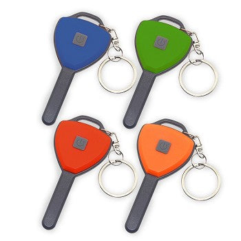 Gamma Ray COB LED Keylight in four colors: Blue, Red, Green, and Orange, showcasing its compact design and key-like shape.