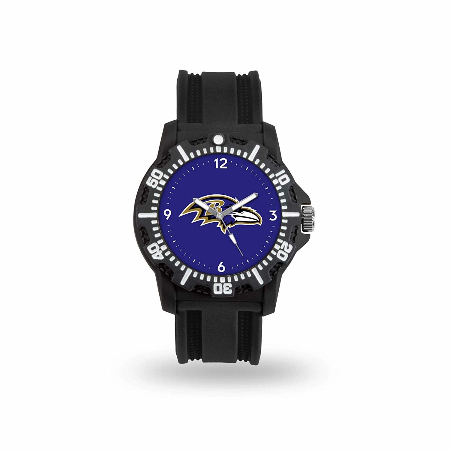 Game Time NFL Team Logo watch featuring a black silicone strap and vibrant team logo on the dial, perfect for football fans.