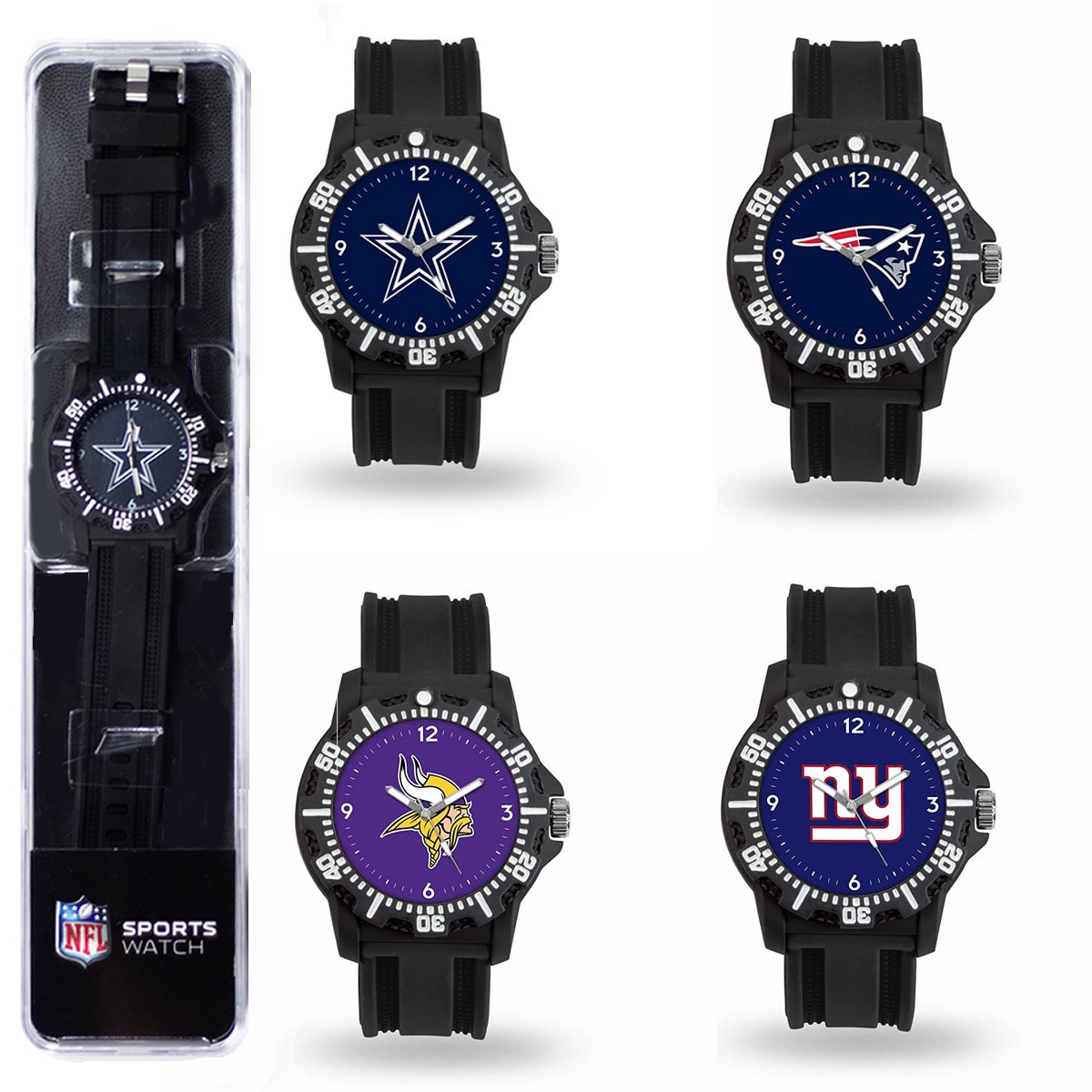 Game Time NFL Team Logo watch featuring a black silicone strap and vibrant team logo on the dial, perfect for football fans.