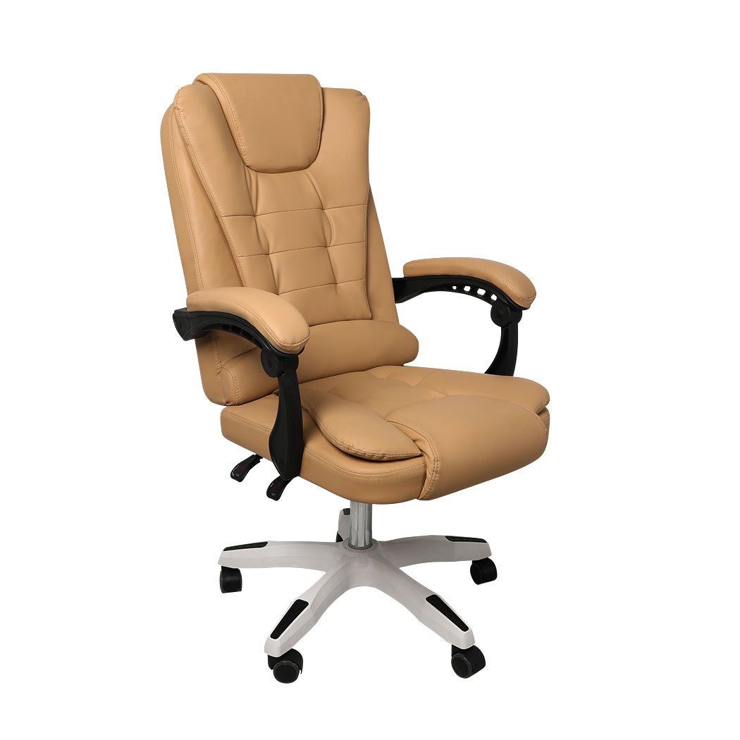 Gaming Chair Office Computer Seat in bronze PU leather with adjustable features and retractable footrest.