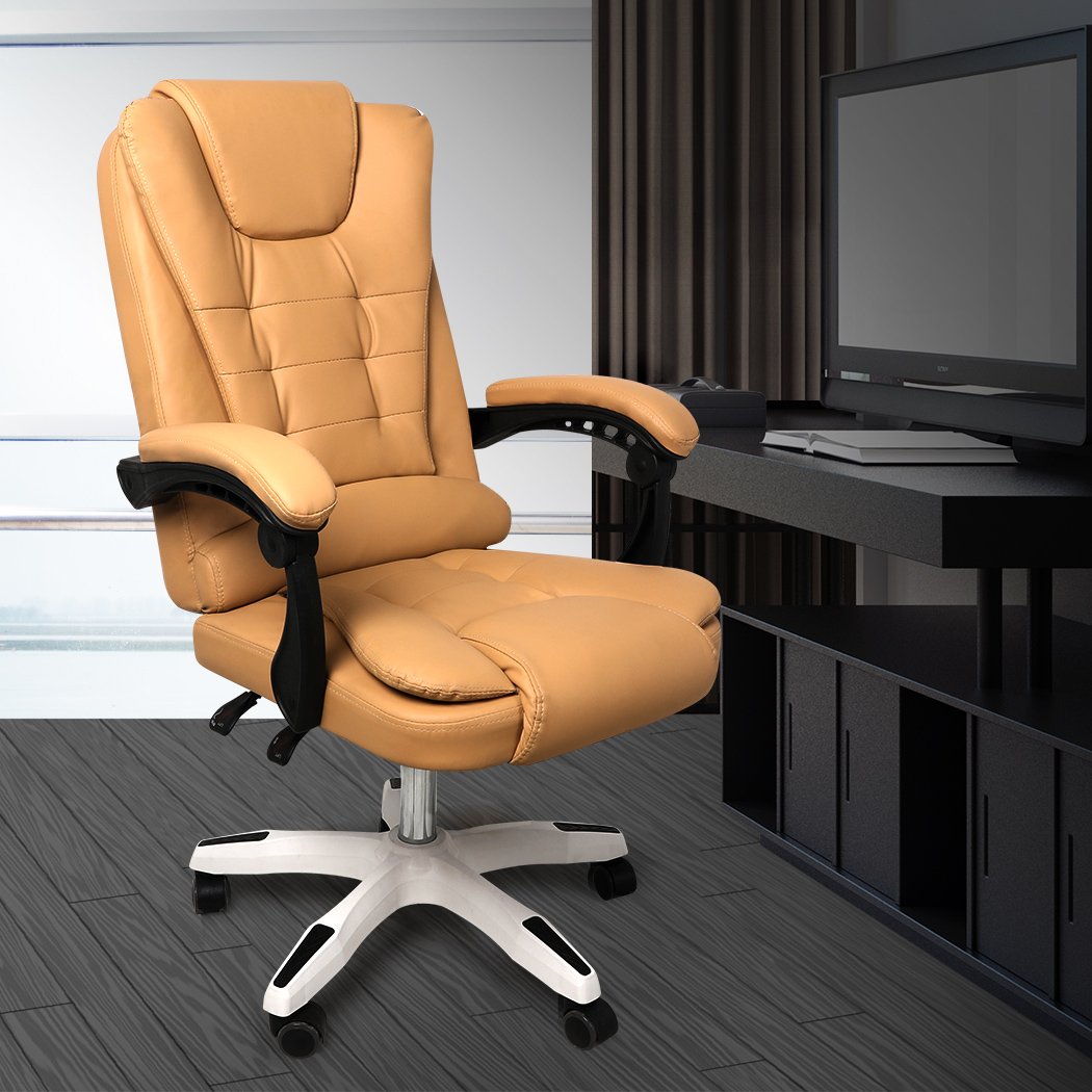 Gaming Chair Office Computer Seat in bronze PU leather with adjustable features and retractable footrest.