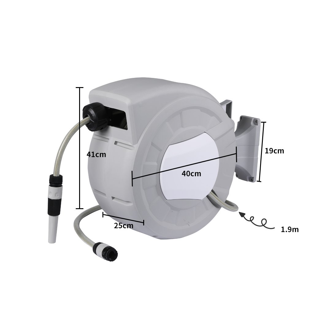 Retractable garden hose reel with spray gun nozzle mounted on a wall, showcasing its ergonomic design and durable construction.