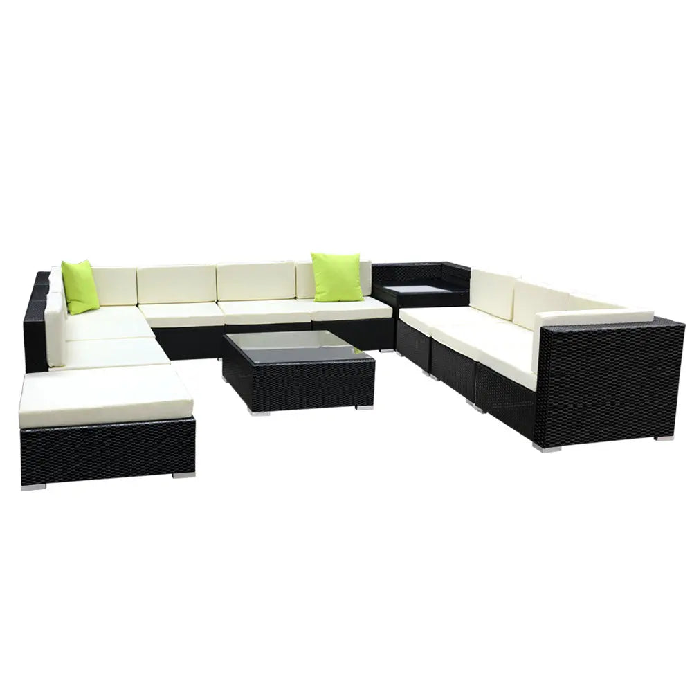 Gardeon 12PC Outdoor Furniture Sofa Set featuring black aluminum frame, beige cushions, and lime green throw pillows in a stylish patio setting.