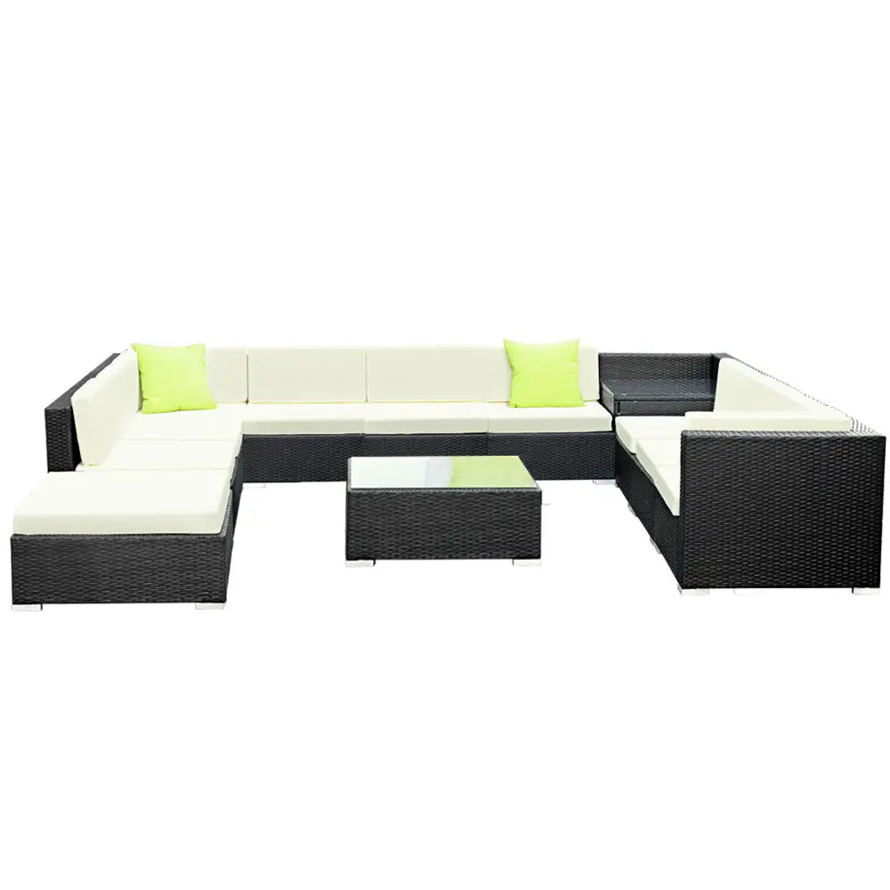 Gardeon 12PC Outdoor Furniture Sofa Set featuring black aluminum frame, beige cushions, and lime green throw pillows in a stylish patio setting.