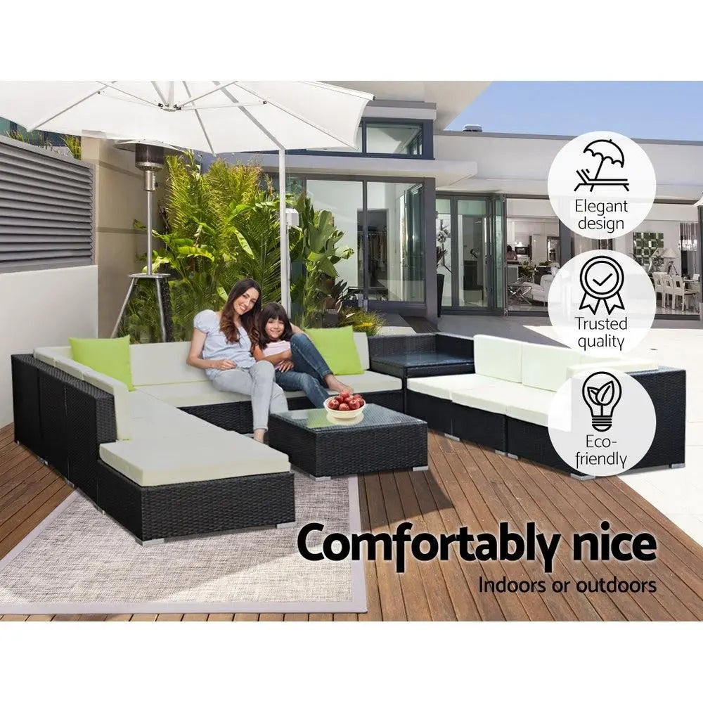 Gardeon 12PC Outdoor Furniture Sofa Set featuring black aluminum frame, beige cushions, and lime green throw pillows in a stylish patio setting.
