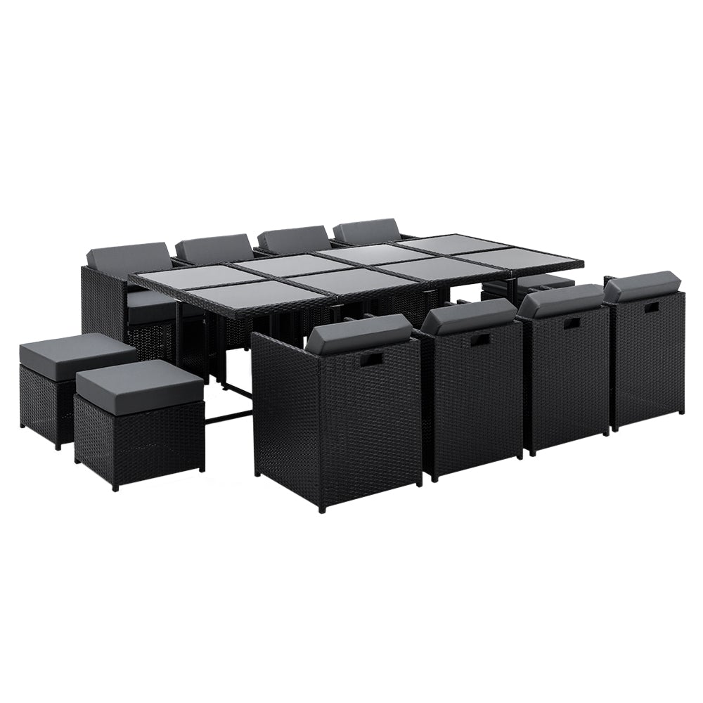 Gardeon 13 Piece Wicker Outdoor Dining Table Set featuring a stylish design with comfortable cushions and a glass tabletop, perfect for outdoor dining.