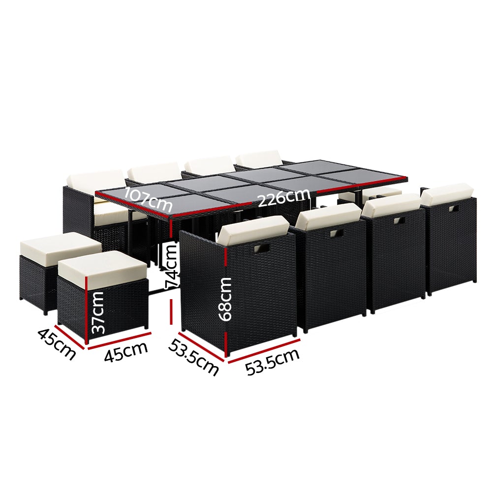 Gardeon 13 Piece Wicker Outdoor Dining Table Set featuring a stylish design with comfortable cushions and a glass tabletop, perfect for outdoor dining.