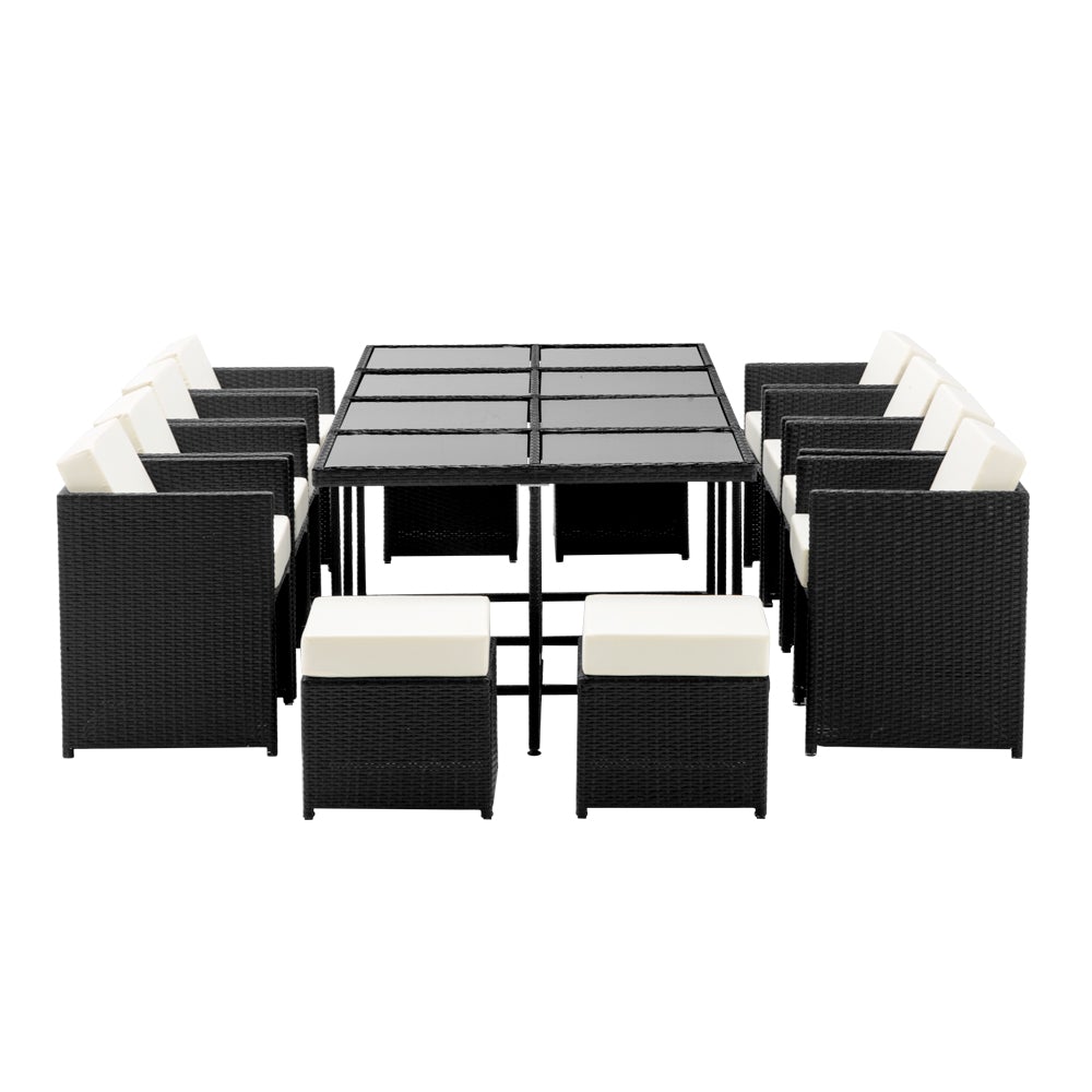Gardeon 13 Piece Wicker Outdoor Dining Table Set featuring a stylish design with comfortable cushions and a glass tabletop, perfect for outdoor dining.