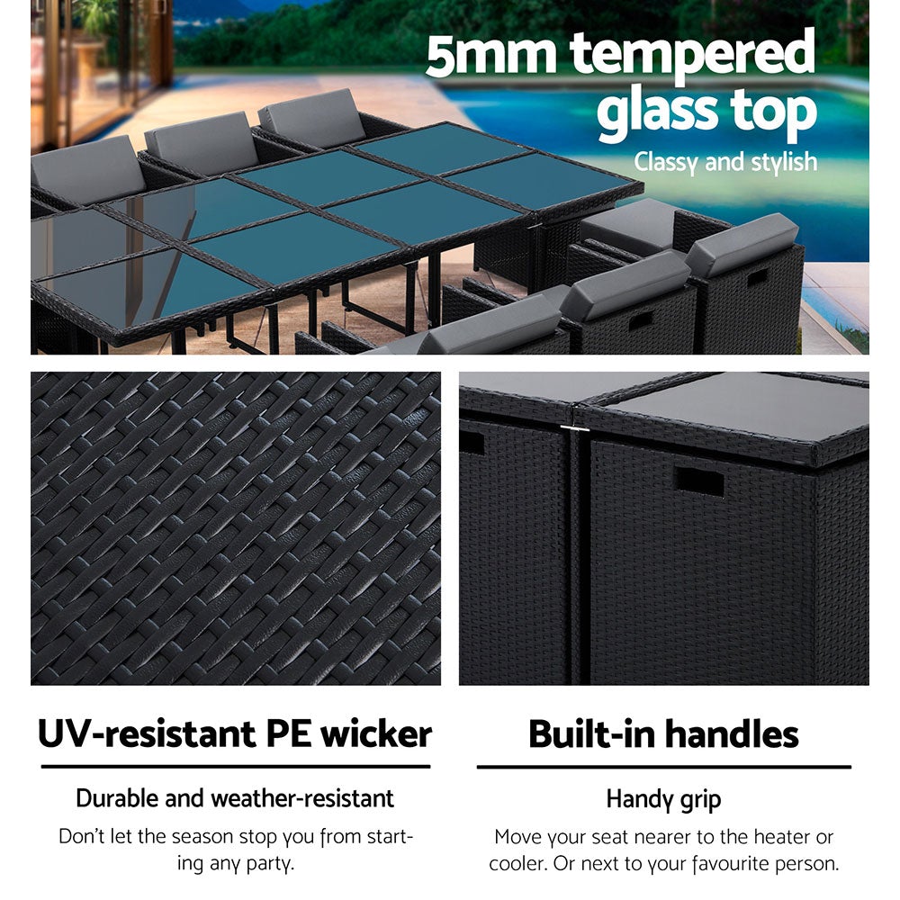 Gardeon 13 Piece Wicker Outdoor Dining Table Set featuring a stylish design with comfortable cushions and a glass tabletop, perfect for outdoor dining.