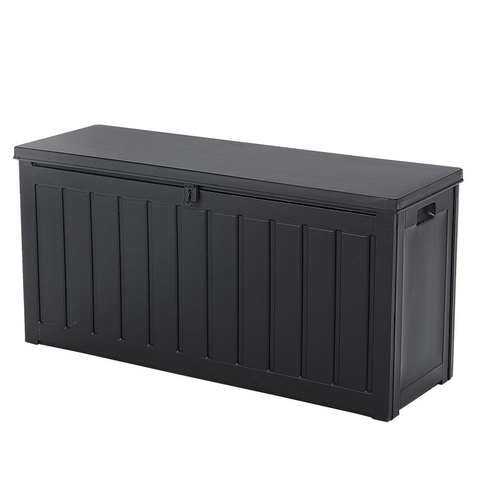 Gardeon 240L Outdoor Storage Box in black, featuring a lockable lid and aluminum hinge, used as a bench seat in a garden setting.
