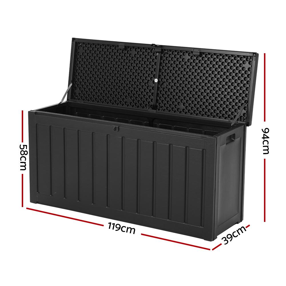 Gardeon 240L Outdoor Storage Box in black, featuring a lockable lid and aluminum hinge, used as a bench seat in a garden setting.