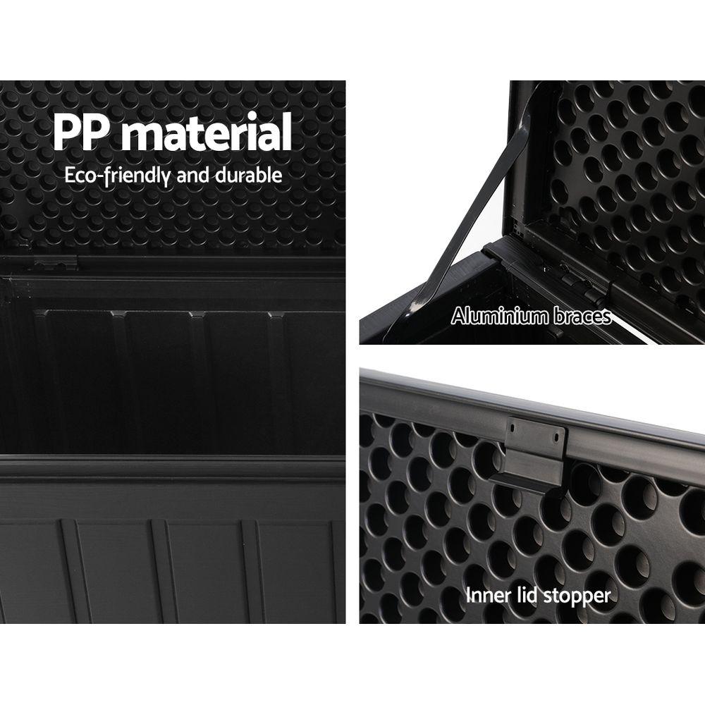 Gardeon 240L Outdoor Storage Box in black, featuring a lockable lid and aluminum hinge, used as a bench seat in a garden setting.