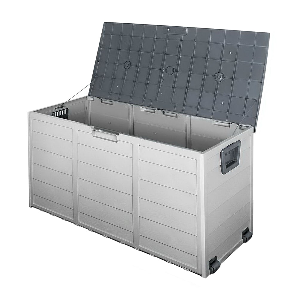 Gardeon 290L Outdoor Storage Box in grey, showcasing its spacious design and lockable lid, ideal for outdoor and indoor storage.