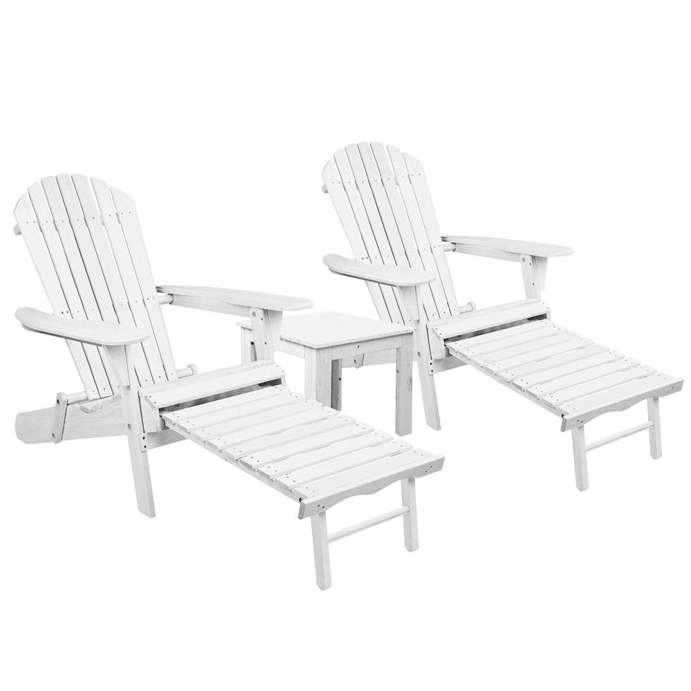 Gardeon 3 Piece Outdoor Adirondack Lounge Set in white, featuring two chairs, an ottoman, and a side table, set against a serene outdoor backdrop.