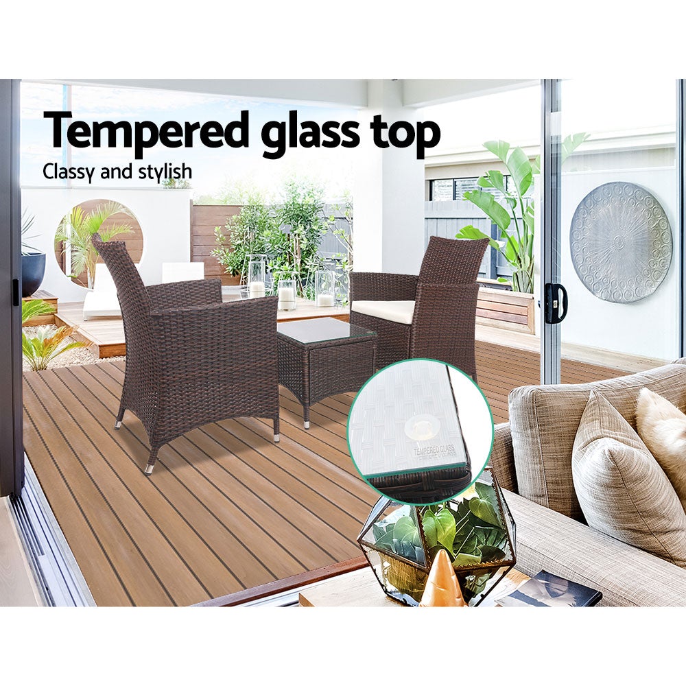 Gardeon 3 Piece Wicker Outdoor Furniture Set in Brown featuring two sofas and a glass top side table, perfect for outdoor relaxation.