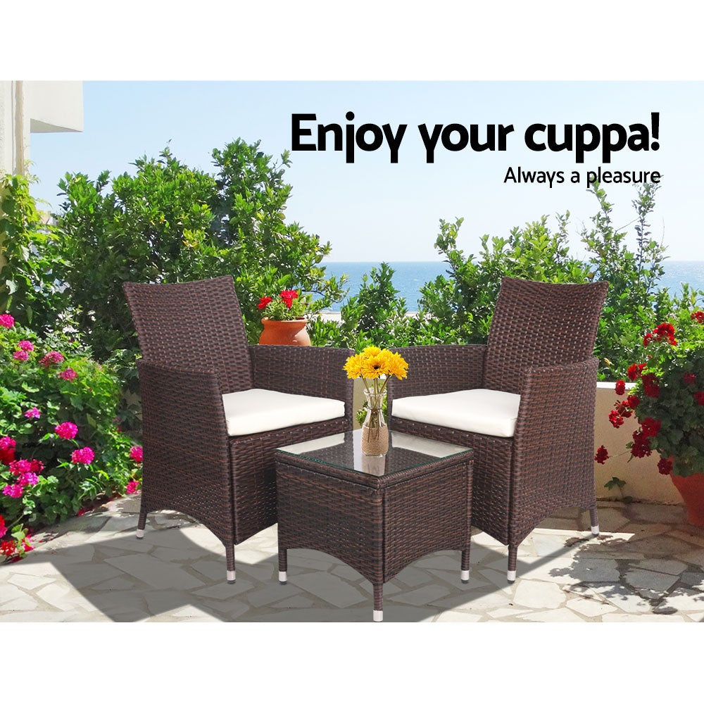 Gardeon 3 Piece Wicker Outdoor Furniture Set in Brown featuring two sofas and a glass top side table, perfect for outdoor relaxation.