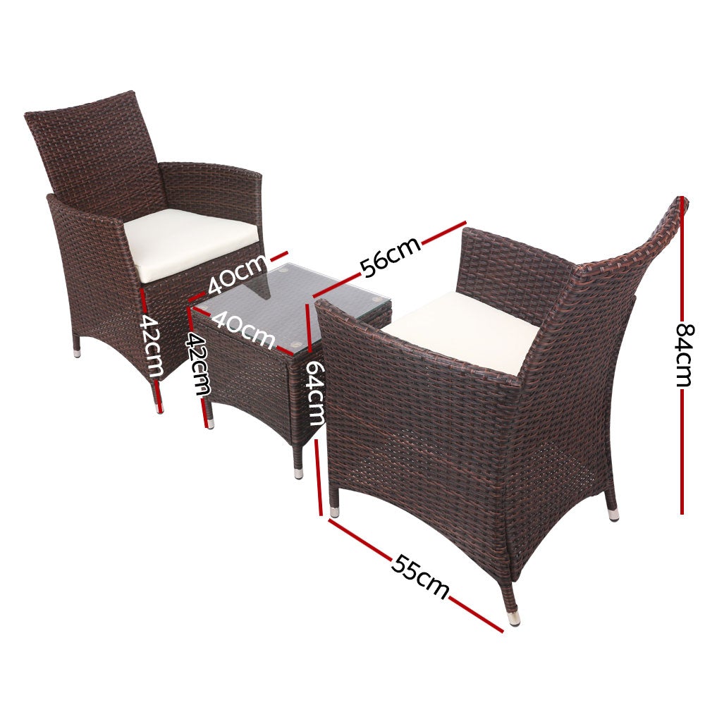 Gardeon 3 Piece Wicker Outdoor Furniture Set in Brown featuring two sofas and a glass top side table, perfect for outdoor relaxation.