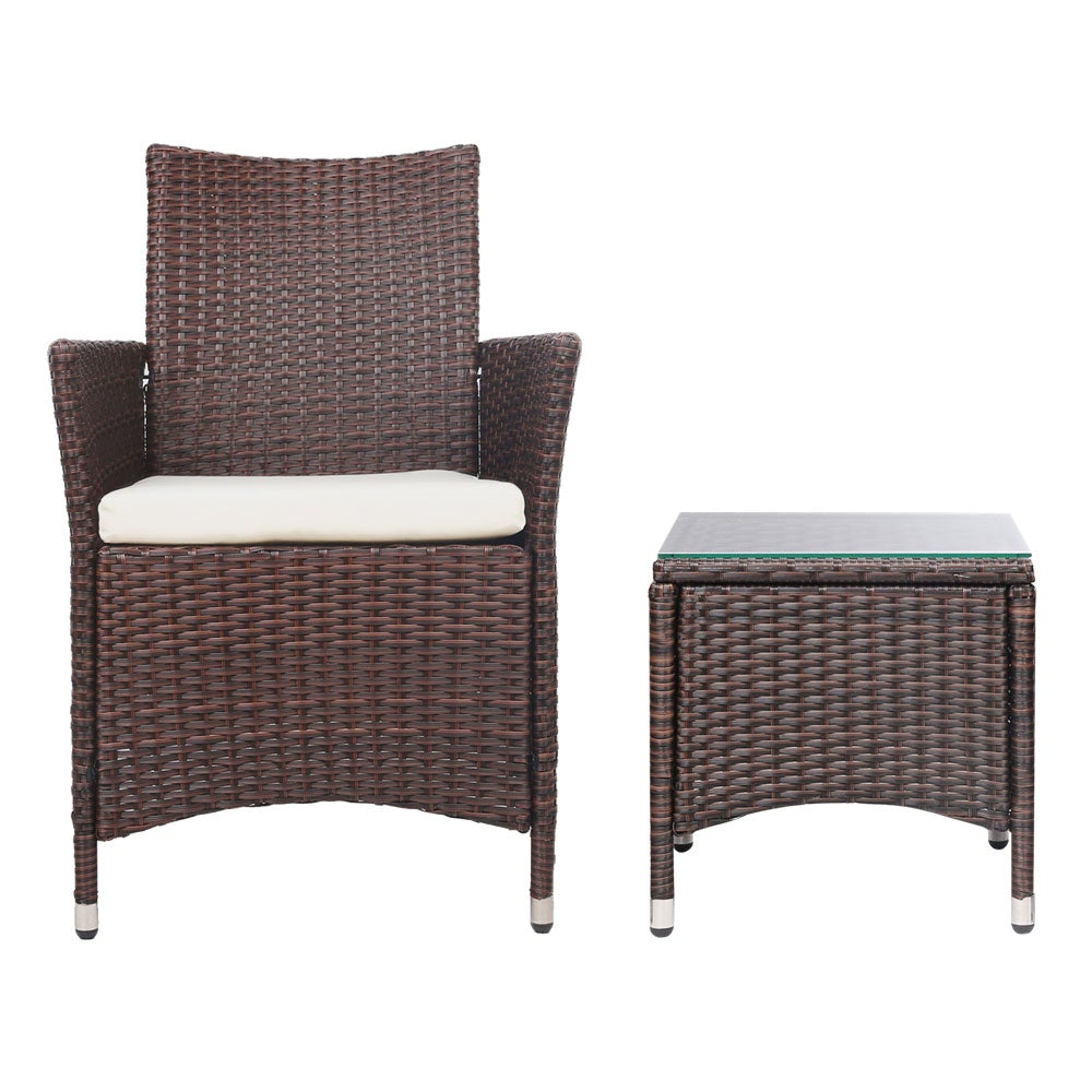 Gardeon 3 Piece Wicker Outdoor Furniture Set in Brown featuring two sofas and a glass top side table, perfect for outdoor relaxation.