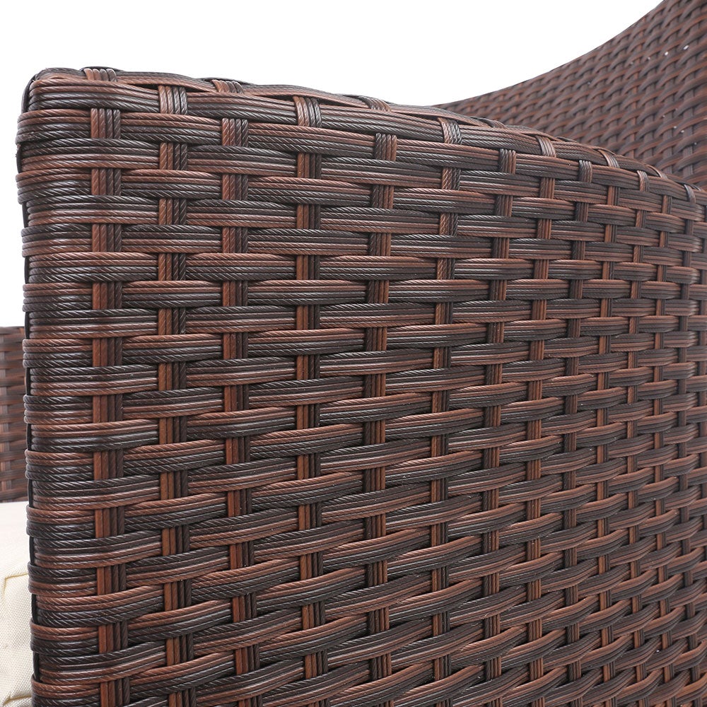 Gardeon 3 Piece Wicker Outdoor Furniture Set in Brown featuring two sofas and a glass top side table, perfect for outdoor relaxation.