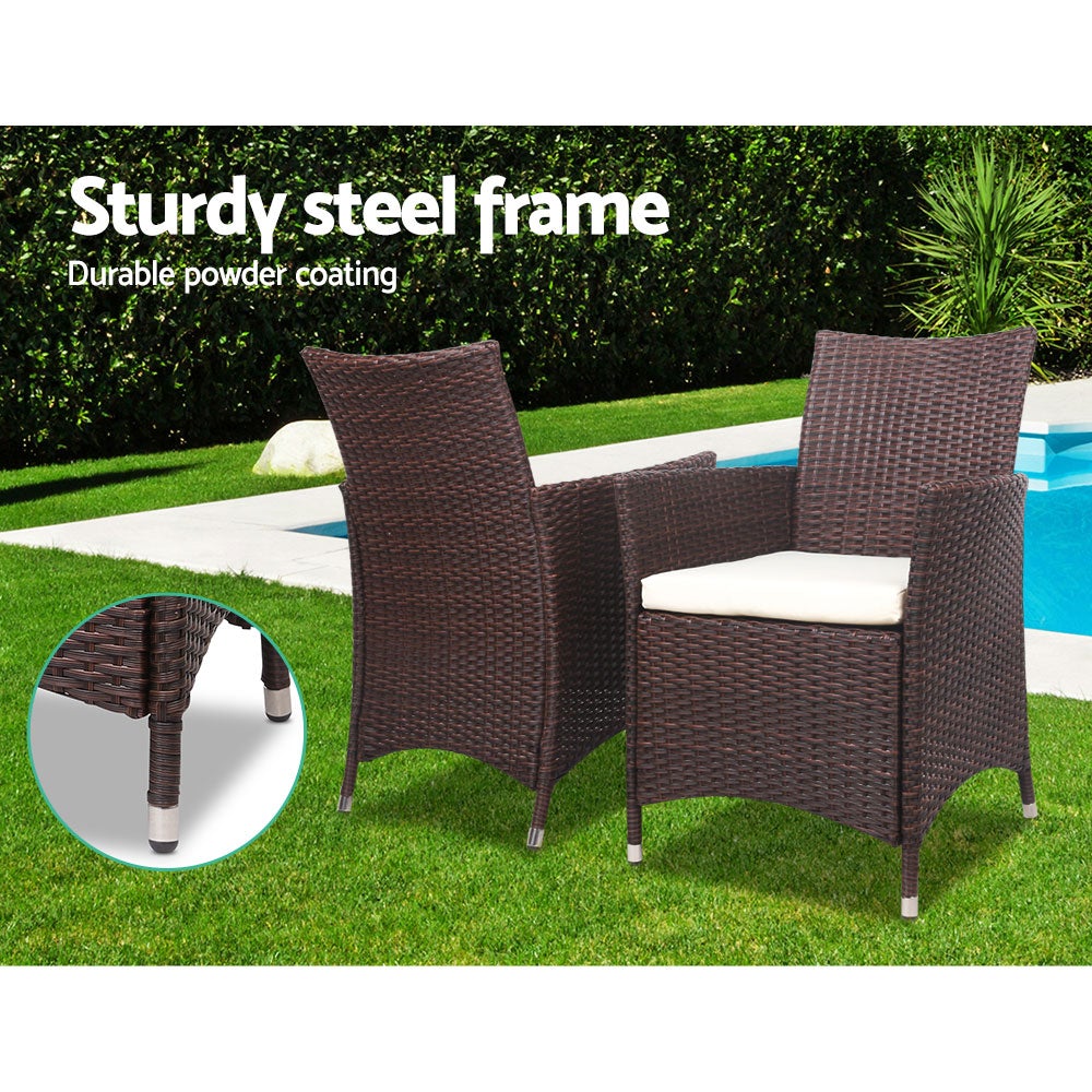Gardeon 3 Piece Wicker Outdoor Furniture Set in Brown featuring two sofas and a glass top side table, perfect for outdoor relaxation.