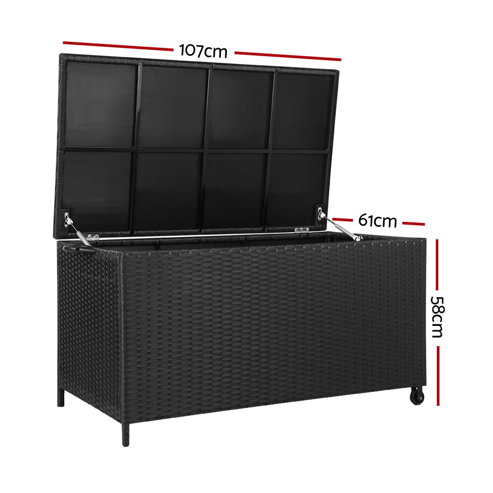 Gardeon 320L Outdoor Wicker Storage Box in black, showcasing its stylish design and durable construction.