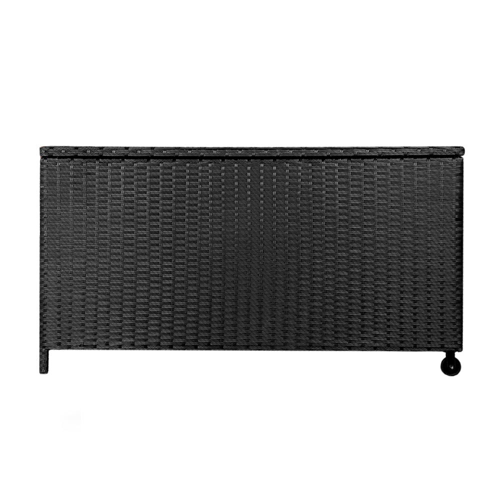 Gardeon 320L Outdoor Wicker Storage Box in black, showcasing its stylish design and durable construction.