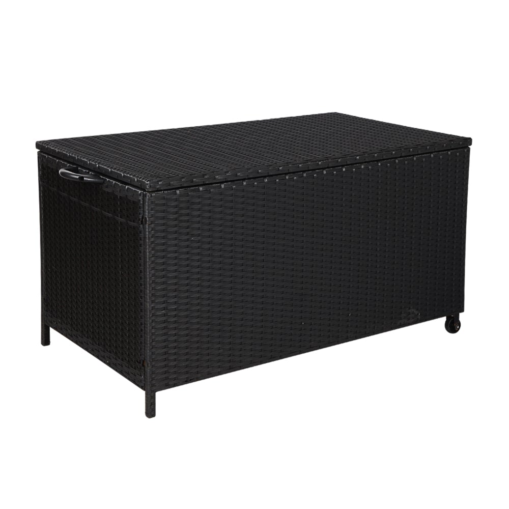 Gardeon 320L Outdoor Wicker Storage Box in black, showcasing its stylish design and durable construction.