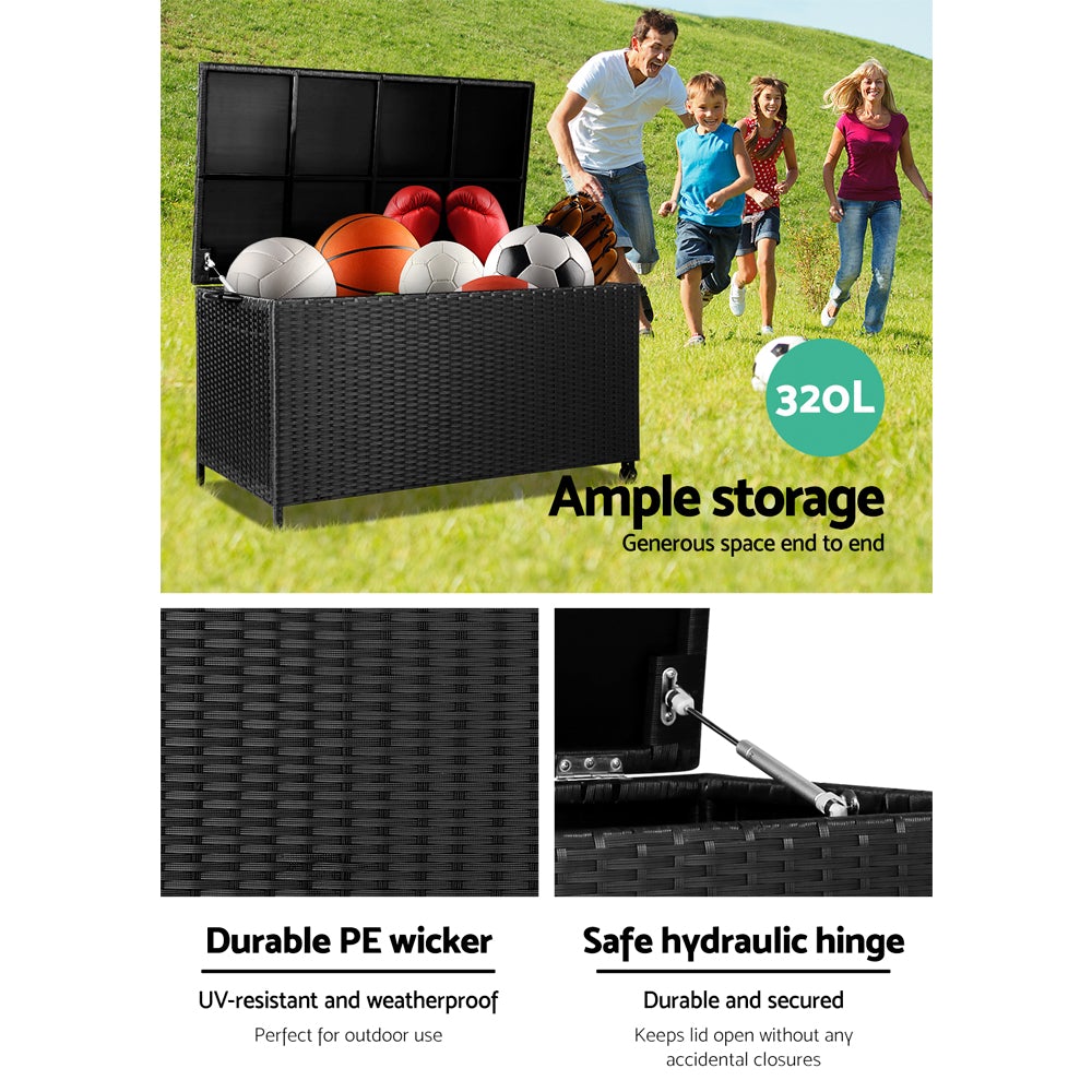 Gardeon 320L Outdoor Wicker Storage Box in black, showcasing its stylish design and durable construction.