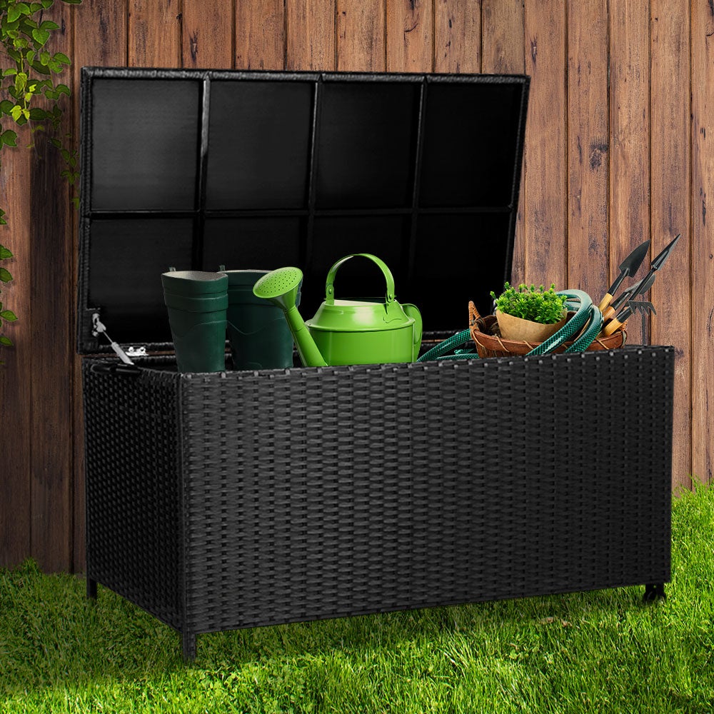 Gardeon 320L Outdoor Wicker Storage Box in black, showcasing its stylish design and durable construction.