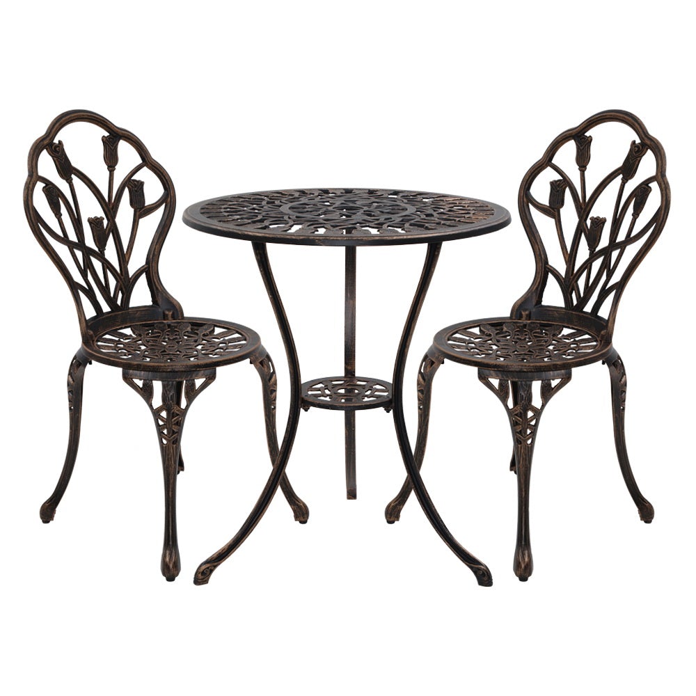 Gardeon 3PC Outdoor Bistro Set featuring a cast aluminium table and two chairs with elegant floral designs, perfect for patio or indoor use.