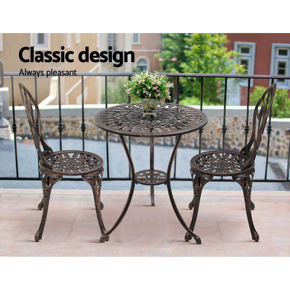Gardeon 3PC Outdoor Bistro Set featuring a cast aluminium table and two chairs with elegant floral designs, perfect for patio or indoor use.